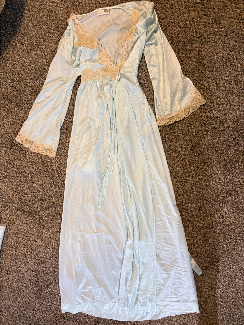 Vintage the fashion place Sears. Light Blue Satin Long Robe with Cream Lace Trim
